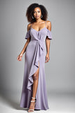 Vestido formal largo asimétrico sirena de satén lila