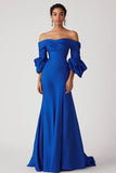 Vaina Azul Real Off The Shoulder Vestido Formal Largo de Satén
