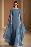 Vestido formal largo con cuello barco gris y azul con abalorios