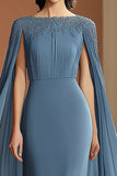Vestido formal largo con cuello barco gris y azul con abalorios
