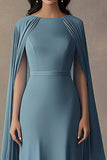 Vestido formal largo de gasa gris azul con cuello de barco