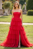 Vestido de fiesta de tul rojo de tul rojo escalonado sin tirantes con abertura
