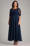 Línea A Azul Marino Encaje de Gasa Talla Grande Madre de la Novia Vestido