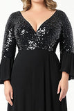 Negro A Line Escote en V Lentejuelas Gasa Talla Grande Madre de la Novia Vestido