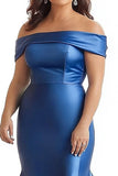 Sirena azul real con hombros descubiertos Vestido largo de satén de la madre de la novia