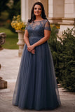 Gris Azul Vestido Largo Madre de la Novia de Tul Mujer con Encaje