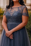 Gris Azul Vestido Largo Madre de la Novia de Tul Mujer con Encaje