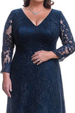 Vaina azul marino escote en V Vestido de encaje de la madre de la novia con manga larga
