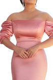 Sirena rosa fuera de las mangas del hombro Vestido de satén de la madre de la novia con fruncido