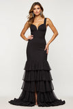 Vestido de fiesta de organza de satén con escote en V y cuello en V negro