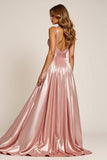 Dusty Rose A Line Vestido de Fiesta de Satén Metálico Plisado Con Cuello En V Profundo