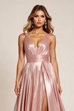 Dusty Rose A Line Vestido de Fiesta de Satén Metálico Plisado Con Cuello En V Profundo