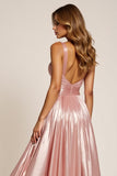 Dusty Rose A Line Vestido de Fiesta de Satén Metálico Plisado Con Cuello En V Profundo