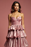 Glitter Dusty Rose A Line Tirantes de Espagueti Vestido de Fiesta con Volantes