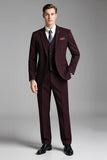Trajes de hombre burdeos de 3 piezas con solapa a cuadros con muescas Slim Fit
