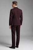 Trajes de hombre burdeos de 3 piezas con solapa a cuadros con muescas Slim Fit