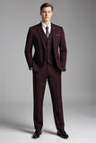Trajes de hombre burdeos de 3 piezas con solapa a cuadros con muescas Slim Fit