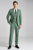 Traje de hombre a cuadros grises verde 3 piezas con solapa con muescas