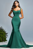 Vestido largo de fiesta sirena verde oscuro de satén