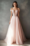 Vestido de fiesta largo de tul rosa con hombros descubiertos y encaje
