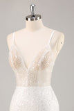 Mini vestido de graduación blanco con escote en V y lentejuelas