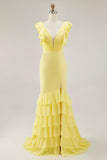 Vestido formal largo amarillo sirena con escote en V y abertura con volantes