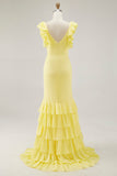 Vestido formal largo amarillo sirena con escote en V y abertura con volantes