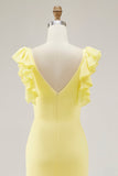 Vestido formal largo amarillo sirena con escote en V y abertura con volantes