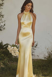Vestido de dama de honor de satén halter halter amarillo claro
