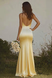 Vestido de dama de honor de satén halter halter amarillo claro