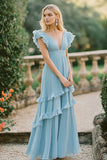 Vestido de dama de honor con volantes de gasa con cuello en V azul cielo