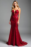 Sirena roja brillante Tirantes de espagueti lentejuelas Vestido de fiesta largo