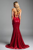 Sirena roja brillante Tirantes de espagueti lentejuelas Vestido de fiesta largo