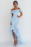 Vestido formal largo sirena azul cielo con volantes con hombros descubiertos