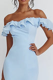 Vestido formal largo sirena azul cielo con volantes con hombros descubiertos