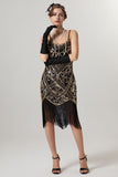 Vestido Flapper de lentejuelas de lentejuelas doradas negras de la década de 1920 con borlas