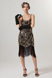 Vestido Flapper de lentejuelas de lentejuelas doradas negras de la década de 1920 con borlas