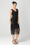 Vestido midi flapper con flecos y lentejuelas en V con escote en V burdeos