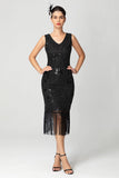 Vestido midi flapper con flecos y lentejuelas en V con escote en V burdeos