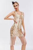 Vestido de Gatsby de la década de 1920 con escote en V dorado brillante con borlas