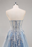 Vestido de fiesta Azul empolvado Una línea sin tirantes Corsé transparente con cuentas