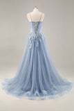 Vestido de fiesta Azul empolvado Una línea sin tirantes Corsé transparente con cuentas