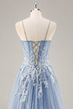 Vestido de fiesta Azul empolvado Una línea sin tirantes Corsé transparente con cuentas
