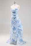 Vestido de fiesta floral blanco sirena blanco azul