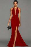 Vestido formal largo de satén halter negro sirena con abertura