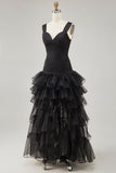 Vestido formal alto y bajo de organza negra de línea A con abertura de volantes