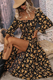 Vestido de verano de manga larga Negro Amarillo Floral A Line