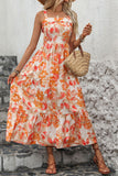 Vestido midi de verano con cuello cuadrado estampado en naranja