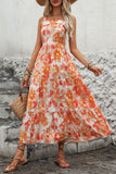 Vestido midi de verano con cuello cuadrado estampado en naranja