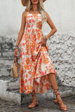 Vestido midi de verano con cuello cuadrado estampado en naranja